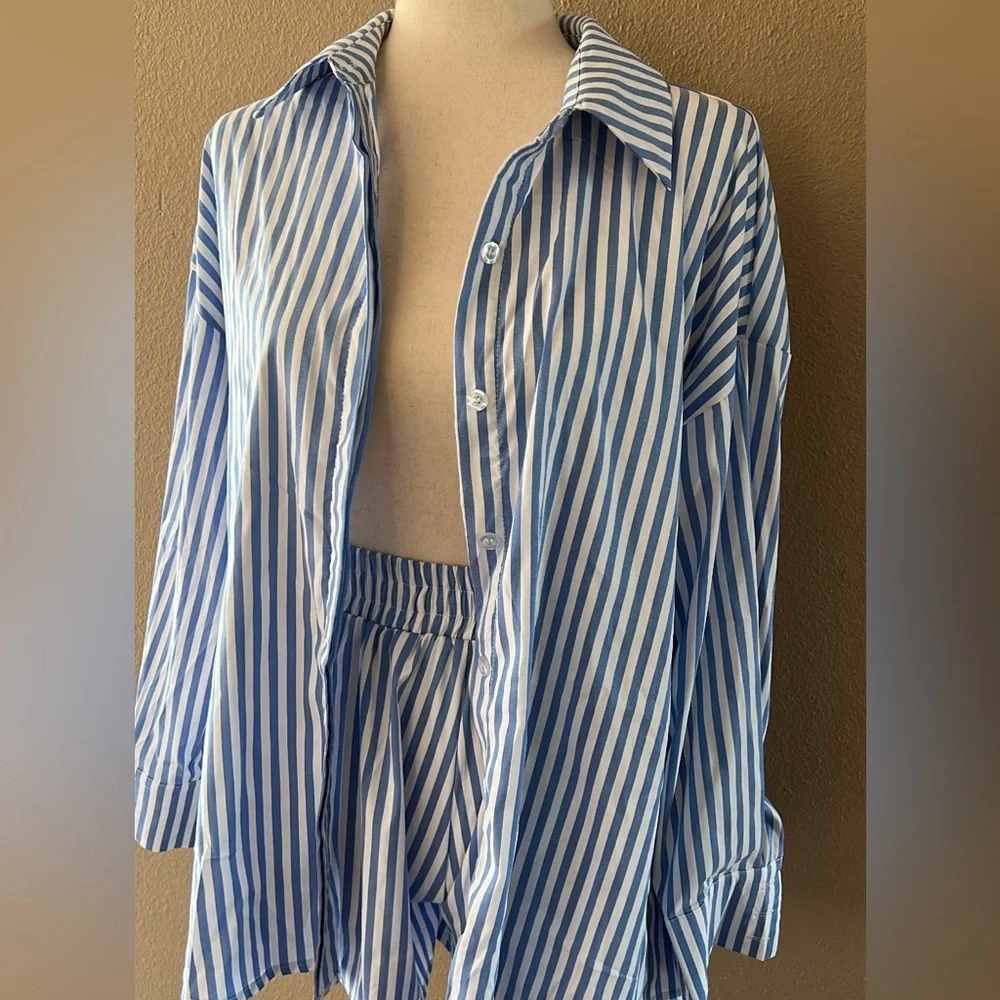 Striped button down long sleeve top with matching shorts set - Picture 6 of 9